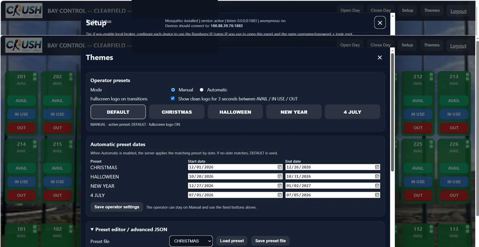 Bay Control themes configuration screen