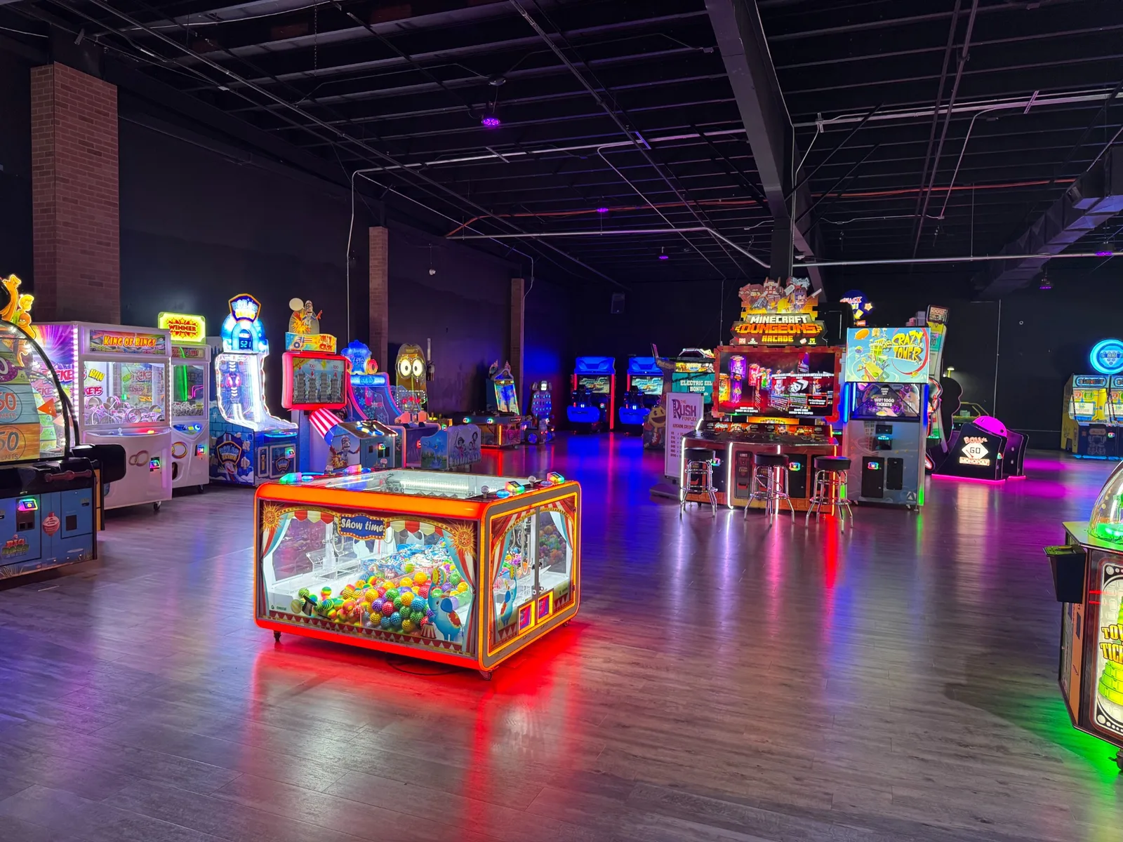 The Rush Funplex arcade floor with colorful attractions