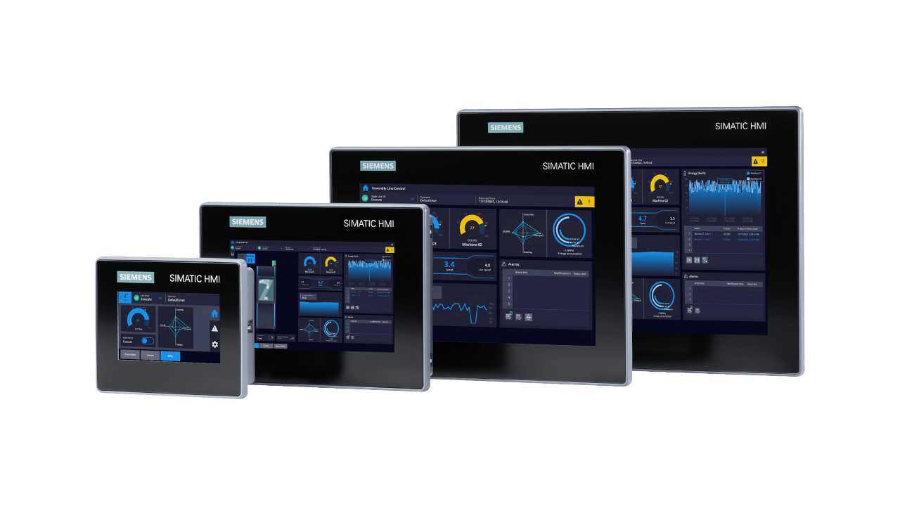 Paneles Siemens HMI Unified Basic con variables y tendencias, referencia ilustrativa