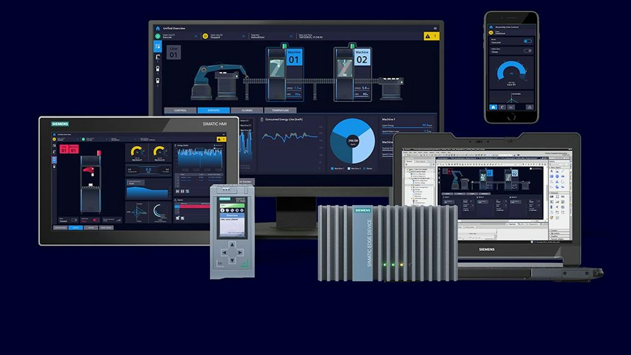 Referencia ilustrativa Siemens WinCC Unified con PLC, HMI y pantallas de supervisión
